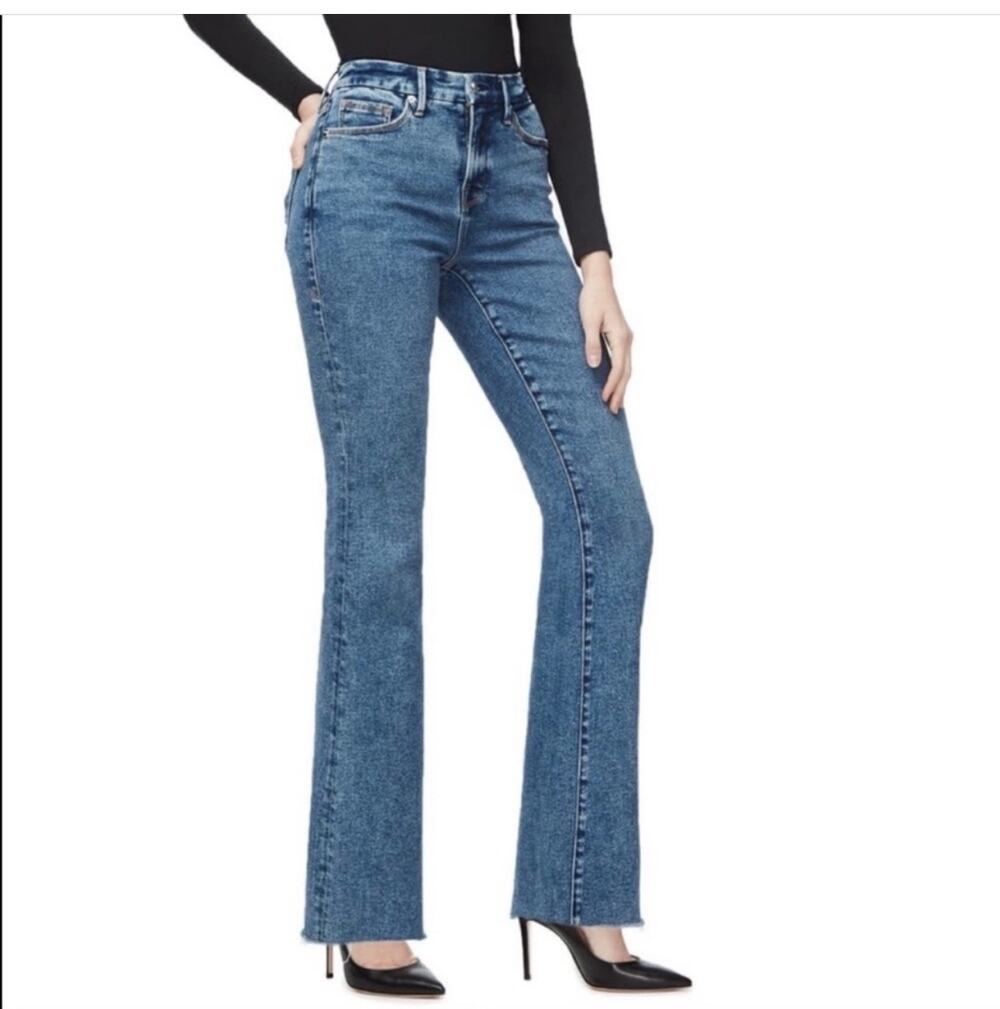 Good American Jeans Womens 28 Blue294 Frayed Flare Stretch Denim High Waist New